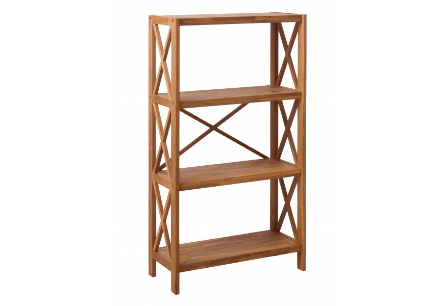 Masivní skandinávský regál Lixi z dubového dřeva v přírodní světle hnědé barvě se třemi policemi s vrchní odkládací deskou s výztuhami z tvaru X na bocích a zadní straně