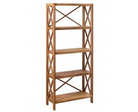 Venkovsk&yacute; masivn&iacute; reg&aacute;l Lixi z dubov&eacute;ho dřeva v př&iacute;rodn&iacute;m světl&eacute;m hněd&eacute;m odst&iacute;nu s přiznanou kresbou letokruhů se čtyřmi policemi a otevřenou konstrukc&iacute; s v&yacute;ztuhami ve tvaru X na n&iacute;zk&yacute;ch nožičk&aacute;ch