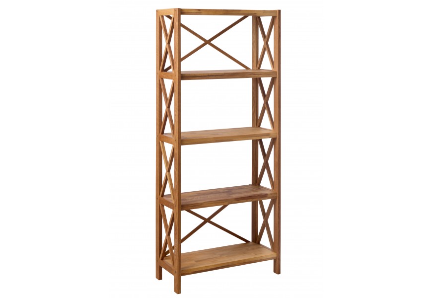 Venkovský masivní regál Lixi z dubového dřeva v přírodním světlém hnědém odstínu s přiznanou kresbou letokruhů se čtyřmi policemi a otevřenou konstrukcí s výztuhami ve tvaru X na nízkých nožičkách