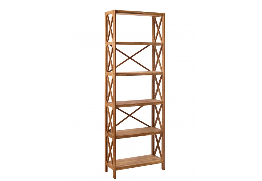 Skandinávský světlý hnědý dubový regál Lixi s pěti policemi na nožičkách s rámem na bocích a zadní straně s konstrukčními prvky ve tvaru X