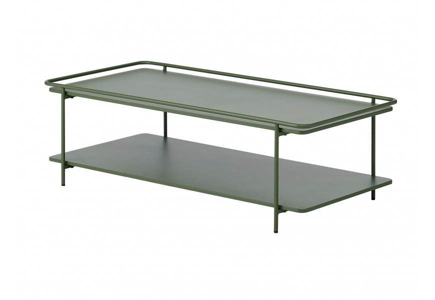 Moderní obdélníkový olivově zelený konferenční stolek Koge s policí s vyvýšeným okrajem a čtyřmi štíhlýma nohama z kovu