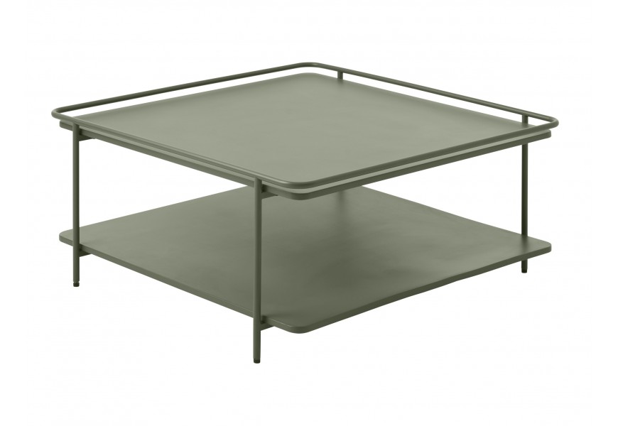 Skandinávský čtvercový konferenční stolek Koge s policí a vrchní deskou s vyvýšeným okrajem z kovu v olivové zelené barvě