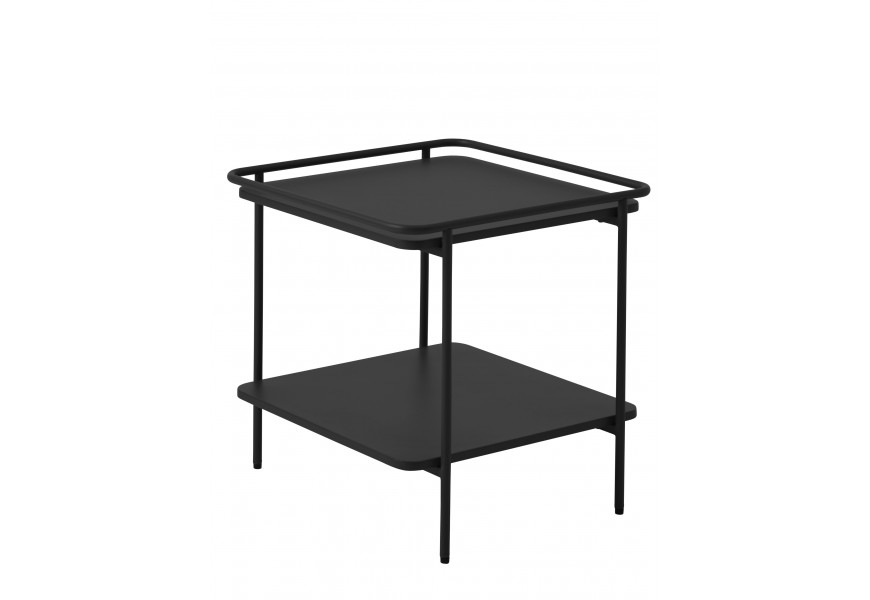 Moderní čtvercový černý kovový příruční stolek Koge s policí a deskou s vyvýšeným rámem se čtyřmi štíhlýma nohama