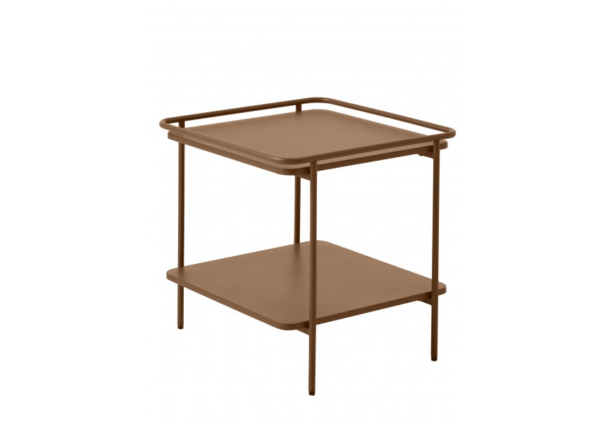 Industriální čtvercový kovový příruční stolek Koge s vrchní deskou s vyvýšeným rámem a otevřenou policí se čtyřmi štíhlýma nohama v hnědé barvě s terakotovým odstínem