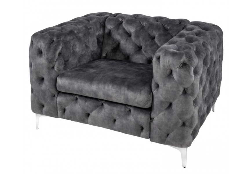 Moderní sametové obdélníkové křeslo s chesterfield prošíváním Modern Barock v tmavém šedém odstínu se sedadlem bez prošívání se stříbrnými kovovými nožičkami