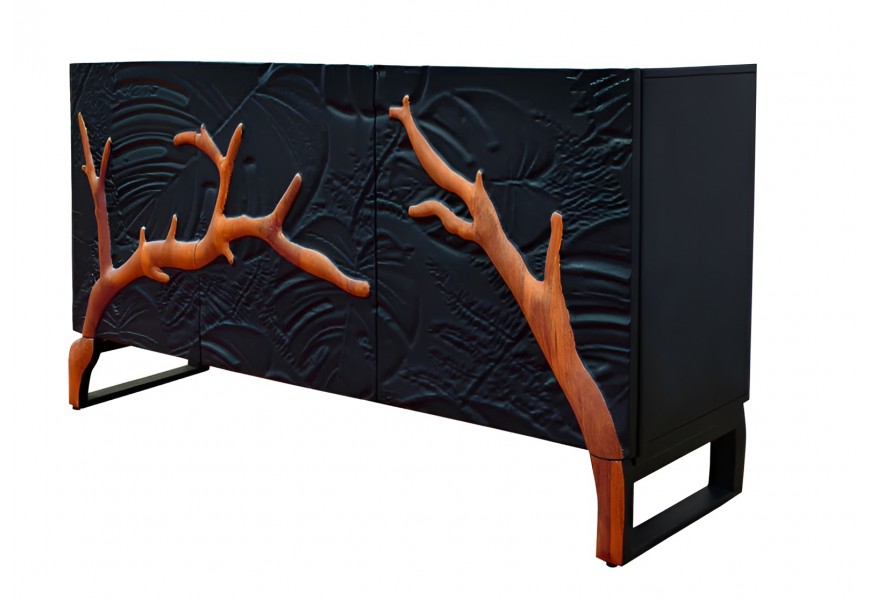 Designov&yacute; etno tř&iacute;dveřov&yacute; př&iacute;born&iacute;k Cumbria z čern&eacute;ho a hněd&eacute;ho mangov&eacute;ho dřeva s 3D dekorem listů a větv&iacute; 160 cm