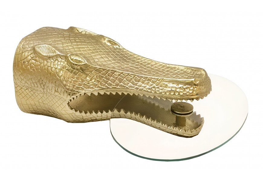 Moderní art deco kulatý příruční závěsný stolek Crocodile s krokodýlí hlavou a šupinami ve zlaté barvě se transparentní skleněnou deskou