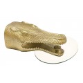 Moderní art deco kulatý příruční závěsný stolek Crocodile s krokodýlí hlavou a šupinami ve zlaté barvě se transparentní skleněnou deskou