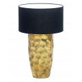 Designová glamour stolní lampa Almina se zlatou 3D reliéfní nohou a černým kulatým minimalistickým stínítkem s bílým vnitřkem