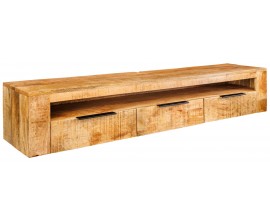 Luxusn&iacute; z&aacute;věsn&yacute; obd&eacute;ln&iacute;kov&yacute; TV stolek Iron Steel z masivn&iacute;ho mangov&eacute;ho dřeva se třemi z&aacute;suvkami a otevřenou polic&iacute; 160 cm