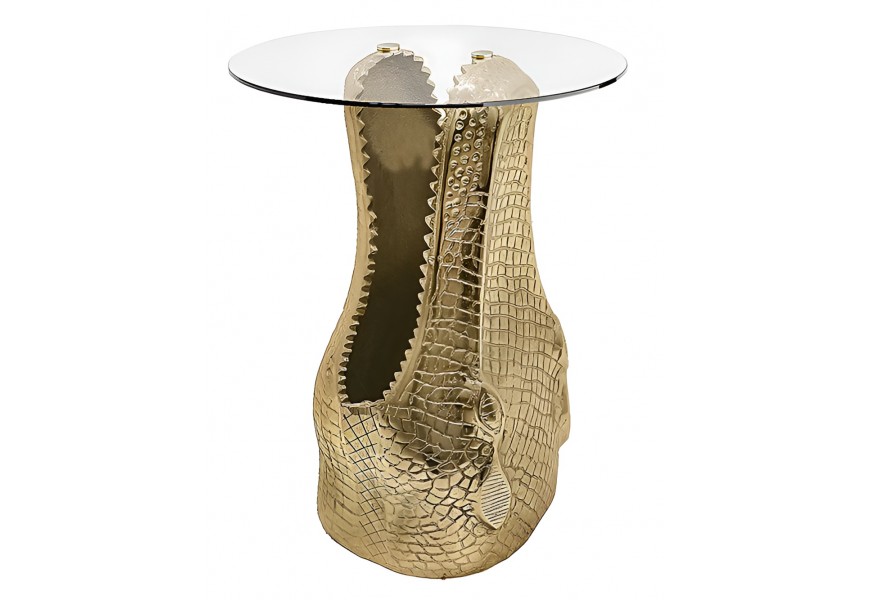 Stylový art deco příruční stolek Crocodile s hlavou krokodýla ve zlaté barvě as kulatou deskou z temperovaného čirého skla s odkládací plochou