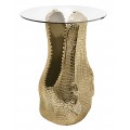 Stylový art deco příruční stolek Crocodile s hlavou krokodýla ve zlaté barvě as kulatou deskou z temperovaného čirého skla s odkládací plochou