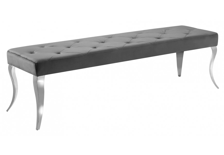 Designová barokní obdélníková jídelní lavice Modern Barock s chesterfield prošíváním a knoflíky v šedé barvě se sametovým potahem a polstrováním sedadlem s kabriolovými nožičkami s chromovou úpravou