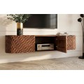Designov&yacute; z&aacute;věsn&yacute; obd&eacute;ln&iacute;kov&yacute; tř&iacute;dveřov&yacute; TV stolek Cumbria z masivn&iacute;ho mangov&eacute;ho dřeva hněd&eacute; barvy s 3D dekorem 160 cm 