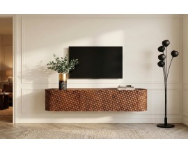 Designov&yacute; n&aacute;stěnn&yacute; ov&aacute;ln&yacute; tř&iacute;dveřov&yacute; TV stolek Cumbria z masivn&iacute;ho mangov&eacute;ho dřeva hněd&eacute; barvy s 3D dekorem 160 cm