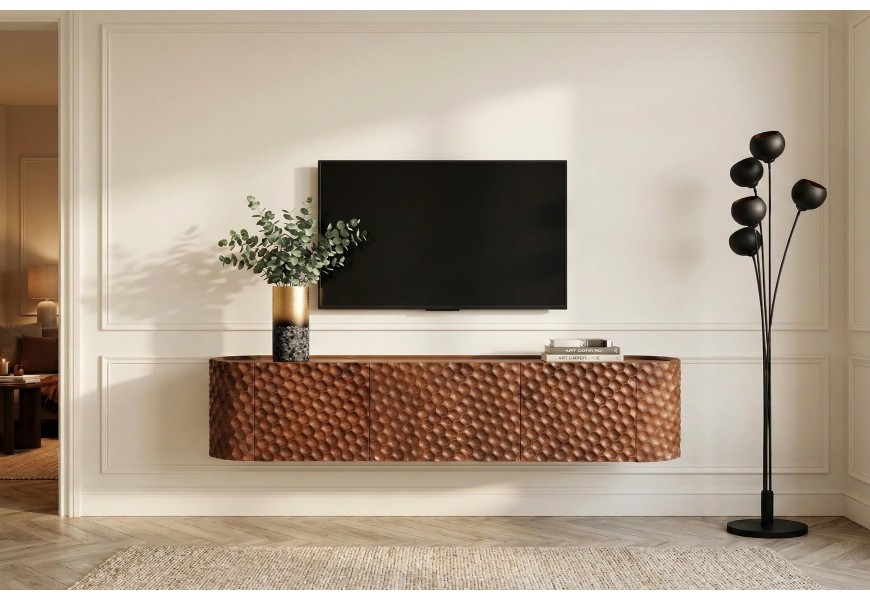 Designov&yacute; n&aacute;stěnn&yacute; ov&aacute;ln&yacute; tř&iacute;dveřov&yacute; TV stolek Cumbria z masivn&iacute;ho mangov&eacute;ho dřeva hněd&eacute; barvy s 3D dekorem 160 cm