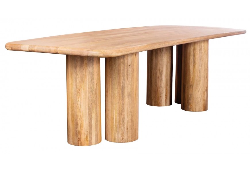 Luxusní moderní designový masivní obdélníkový jídelní stůl Sonia z mangového dřeva v přírodním teplém hnědém odstínu s přiznanou kresbou letokruhů s deskou se zaoblenými rohy a šesti mohutnými sloupovitými nohama