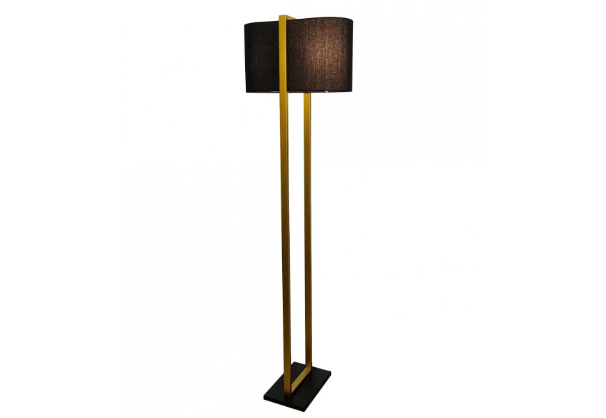 Luxusní glamour obdélníková stojací lampa Ambient s oválným tmavým látkovým stínítkem se zlatým kovovým rámem s povrchovou úpravou a zlatou obdélníkovou podstavou z MDF materiálu a dlouhým přívodním kabelem
