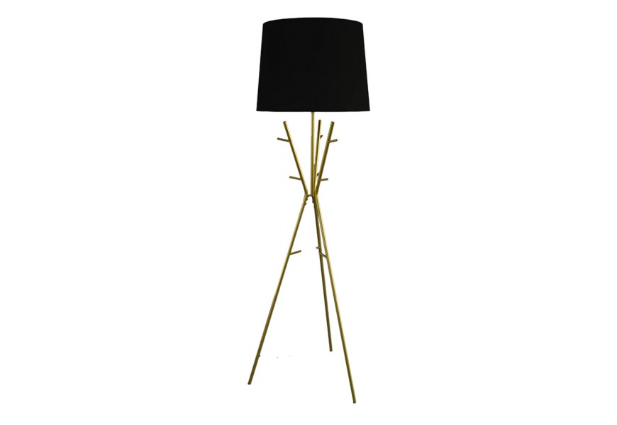 Stylová oválná art deco stojací lampa Mervik se třemi nohama ve zlaté barvě s odkládacím prostorem na šálu a kabelky s tmavým černým textilním stínítkem s ambientním osvětlením s dlouhým přívodním kabelem