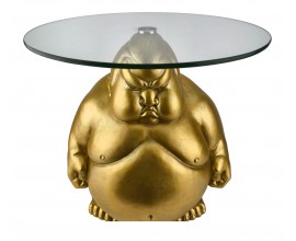 Stylov&yacute; glamour př&iacute;ručn&iacute; stolek Tierra Glam se zlatou sumo postavou a kulatou transparentn&iacute; skleněnou deskou 55 cm 