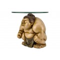 Designov&yacute; kulat&yacute; př&iacute;ručn&iacute; stolek Tierra Glam s podnož&iacute; v podobě sumo postavy se skleněnou průsvitnou deskou 32 cm 