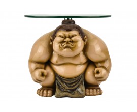 Designový kulatý příruční stolek Tierra Glam s podnoží v podobě sumo postavy se skleněnou průsvitnou deskou 32 cm 