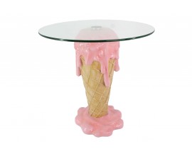 Designov&yacute; pop-art kulat&yacute; př&iacute;ručn&iacute; stolek Gelato ve tvaru kornoutu se st&eacute;kaj&iacute;c&iacute; zmrzlinou a skleněnou deskou 48 cm 