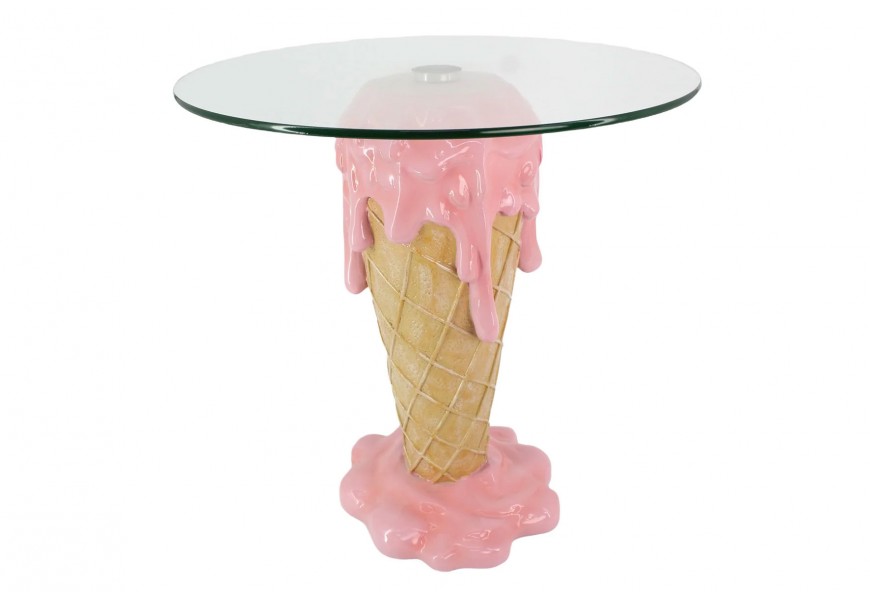 Stylový designový kulatý příruční stolek Gelato ve vaflovém kornoutu se starorůžovou rozbředlou zmrzlinou na béžové podnoži a skleněnou čirou odkládací deskou