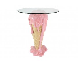 Designov&yacute; pop-art kulat&yacute; př&iacute;ručn&iacute; stolek Gelato ve tvaru vaflov&eacute;ho kornoutu se st&eacute;kaj&iacute;c&iacute; zmrzlinou a skleněnou deskou 74 cm 