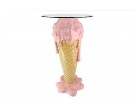 Designov&yacute; vysok&yacute; kulat&yacute; př&iacute;ručn&iacute; stolek Gelato ve tvaru vaflov&eacute;ho kornoutu se st&eacute;kaj&iacute;c&iacute; zmrzlinou a skleněnou deskou 107 cm 