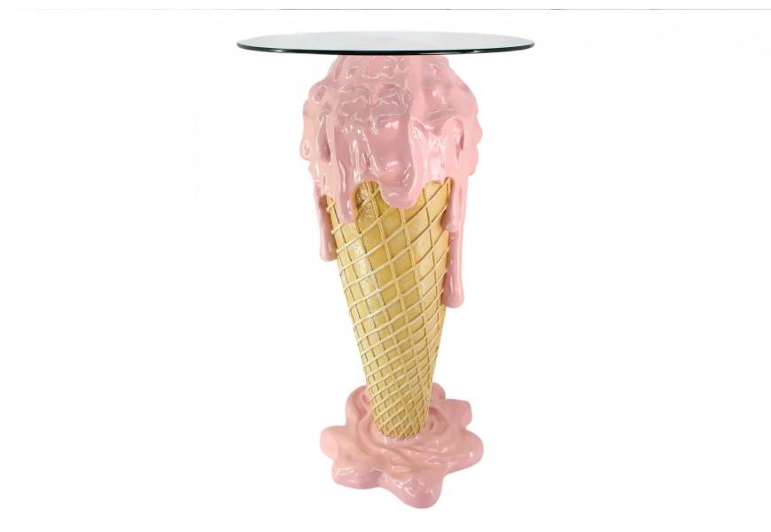 Stylový příruční stolek Gelato ve tvaru zmrzlinového kornoutu s tonoucí se starorůžovou zmrzlinou a skleněnou deskou z temperovaného skla