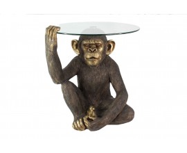 Designov&yacute; kulat&yacute; hnědo zlat&yacute; př&iacute;ručn&iacute; stolek Tierra Glam ve tvaru sed&iacute;c&iacute; opice s vrchn&iacute; deskou z bezpečnostn&iacute;ho skla 64 cm