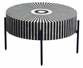 Designový art deco kulatý konferenční stolek Celia s intarzií se vzorem slunečních paprsků v černé a bílé barvě 64 cm