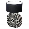 Moderní art deco černo bílá stolní lampa Celia s nohou ve tvaru kruhu z akrylu s kostní intarzií s motivem slunečních paprsků v černé a bílé barvě s kulatým textilním stínítkem v černé barvě