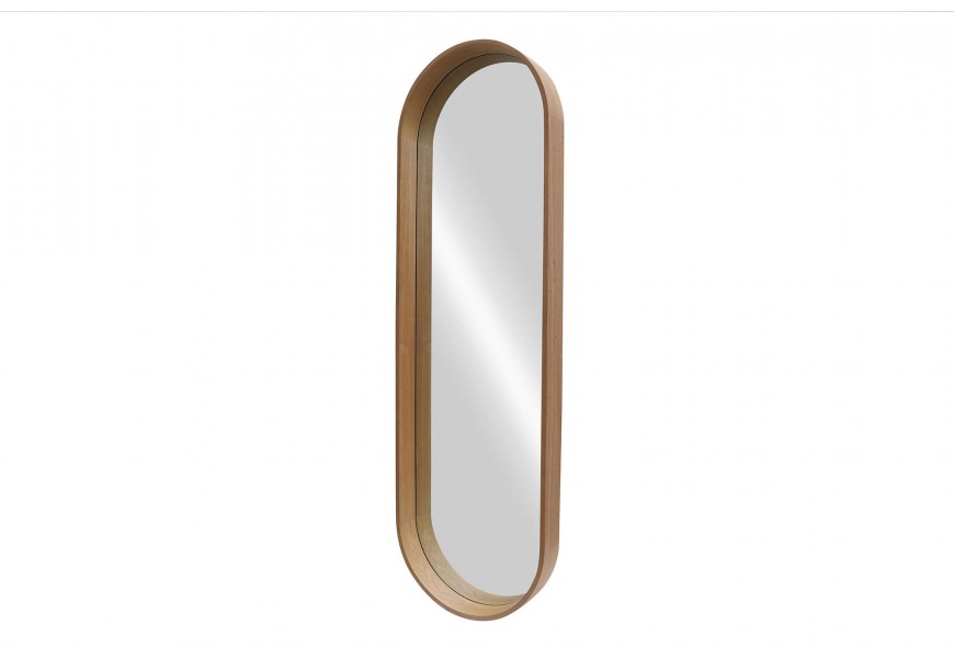 Moderní minimalistické hnědé nástěnné zrcadlo Auri oválného tvaru s rámem z dýhovaného dřeva s ořechovým designem s přiznanou kresbou letokruhů s vyvýšeným okrajem