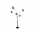 Moderní glamour stojací lampa Kalan s kulatým černým mramorovým podstavcem a černou kovovou konstrukcí s pěti rameny se stínítky z tónovaného skla v šedé barvě s tekutým efektem