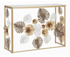 Designov&yacute; glamour zlat&yacute; konzolov&yacute; stolek Floral s obd&eacute;ln&iacute;kovou zrcadlovou deskou a kovovou podstavou s flor&aacute;ln&iacute;m zdoben&iacute;m 114 cm