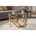 Glamour zlat&yacute; kulat&yacute; konferenčn&iacute; stolek Tierra Glam s průhlednou skleněnou deskou a kovovou podstavou s designem kober 70 cm