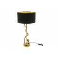 Art deco zlatá stolní lampa Tierra Glam s kovovou konstrukcí se štíhlou nohou obtočenou dekorativním prvkem ve tvaru hada s kulatým podstavcem a kulatým stínítkem s příměsí bavlny v černé barvě