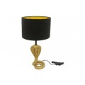 Art deco noční lampa Tierra Glam s kovovou nohou ve zlaté barvě ve tvaru zvednuté kobry s rozprostřeným límcem a stočeným ocasem s černým textilním stínítkem válcovitého tvaru se zlatým vnitřkem