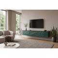 Designov&yacute; masivn&iacute; n&aacute;stěnn&yacute; TV stolek Cumbria se třemi dv&iacute;řky s reli&eacute;fem s motivem vlny v tyrkysov&eacute; barvě 160 cm
