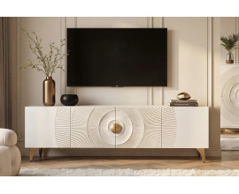 Designový etno bílý TV stolek Cumbria se čtyřmi dvířky se zlatými detaily a reliéfem s motivem paprsků 180 cm