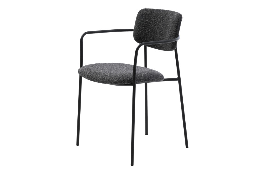 Moderní designová jídelní židle Tirta se štíhlou konstrukcí z kovu v černé barvě s matném provedení s opěrkami na ruce s čalouněným sedákem a opěradlem s buklé potahem v šedé barvě s tmavším melírovaným potahem