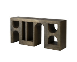 Luxusn&yacute; modern&yacute; obdĺžnikov&yacute; konzolov&yacute; stol&iacute;k Neo s podstavou s geometrick&yacute;mi v&yacute;rezmi v art deco &scaron;t&yacute;le s mos&aacute;dznou povrchovou &uacute;pravou v matnej zlatej farbe s černou strukturou s dizajnom kože