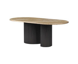 Luxusn&iacute; modern&iacute; j&iacute;deln&iacute; stůl Traverte s ov&aacute;lnou vrchn&iacute; deskou z travertinu v hněd&yacute;ch a b&eacute;žov&yacute;ch odst&iacute;nech s designovou nohou ve tvaru S s vertik&aacute;ln&iacute;m dr&aacute;žkovan&yacute;m reli&eacute;fem v čern&eacute; barvě