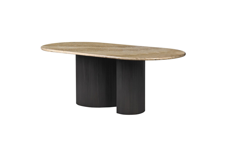 Luxusní moderní jídelní stůl Traverte s oválnou vrchní deskou z travertinu v hnědých a béžových odstínech s designovou nohou ve tvaru S s vertikálním drážkovaným reliéfem v černé barvě