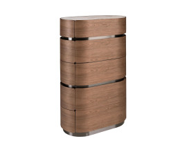 Luxusn&iacute; modern&iacute; ov&aacute;ln&aacute; vysok&aacute; komoda Vita Naturale s pěti z&aacute;suvkami v ořechov&eacute; hněd&eacute; barvě s bělosiv&yacute;m mramorem 122 cm