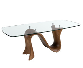 Luxusn&iacute; skleněn&yacute; j&iacute;deln&iacute; stůl Vita Naturale s průhlednou obd&eacute;ln&iacute;kovou deskou a ořechovou hnědou designovou nohou 220 cm