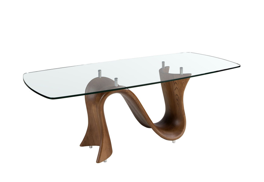 Luxusní moderní designový obdélníkový jídelní stůl Vita Naturale se průhlednou deskou z bezpečnostního skla s nohou ve tvaru ležatého S ze dřeva v ořechové hnědé barvě s přírodní kresbou letokruhů