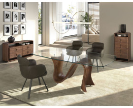 Luxusn&iacute; modern&iacute; sestava n&aacute;bytku do j&iacute;delny Vita Naturale se skleněn&yacute;m stolem s designovou nohou se dvěma komodami v ořechov&eacute;m hněd&eacute;m proveden&iacute; s čalouněn&yacute;mi j&iacute;deln&iacute;mi křesly s potahem z ekokůže v olivov&eacute; zelen&eacute; barvě